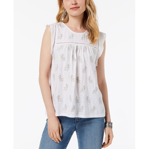 Style & Co Embroidered Crochet Trim Top White Embroidered XL