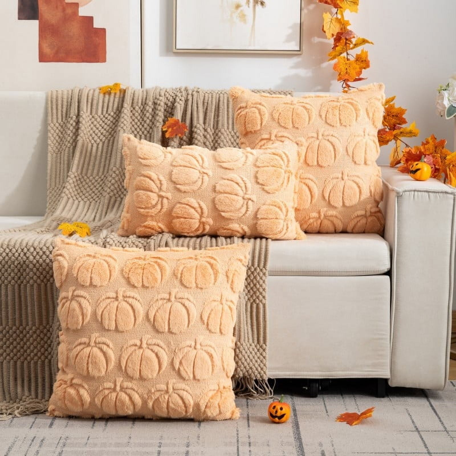 Fall Pillow Covers 18x18 Set of 4 Fall Decorations Thanksgiving Autumn Pumpkin Throw Pillow Cases Soft Plush Faux Fur Wool Couch Cushion Case for Chair Sofa Bedroom Living Room Home Decor