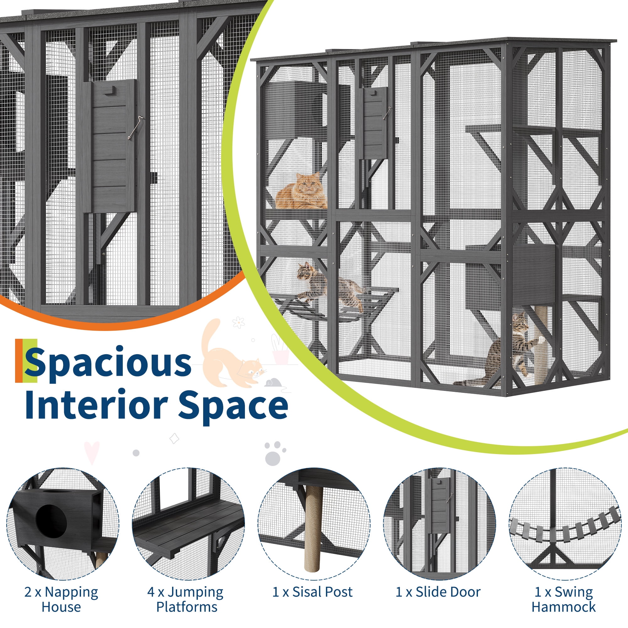 Kicctian Spacious Outdoor Wooden Cat Enclosure Catio - Large Walk-In Cat Cage with Waterproof Roof, 4 Platforms, 2 Rest Boxes, Scratching Post, Hammock, Sliding Doors, Window Access -Grey