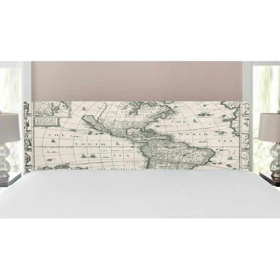 World Map Headboard, Antique Map America in 1600s World in Medieval Time Era in Retro Style, Upholstered Decorative Metal Bed Headboard with Memory Foam, King Size, Multicolor, by Ambesonne