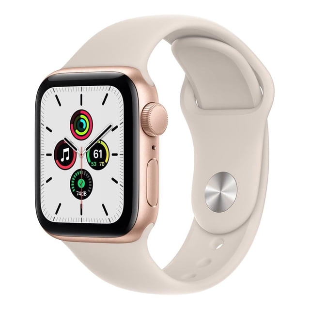 smartwatch apple se gps caja de aluminio dorado 40mm correa deportiva blanco estelar, vista frontal en 3/4 con pantalla activa; caja de aluminio dorada de 40 mm y corona digital derecha; correa deportiva blanco estelar con cierre de encastre; pantalla muestra anillos de actividad, frecuencia cardiaca y control de música; apto para GPS, seguimiento deportivo y notificaciones desde la muñeca.