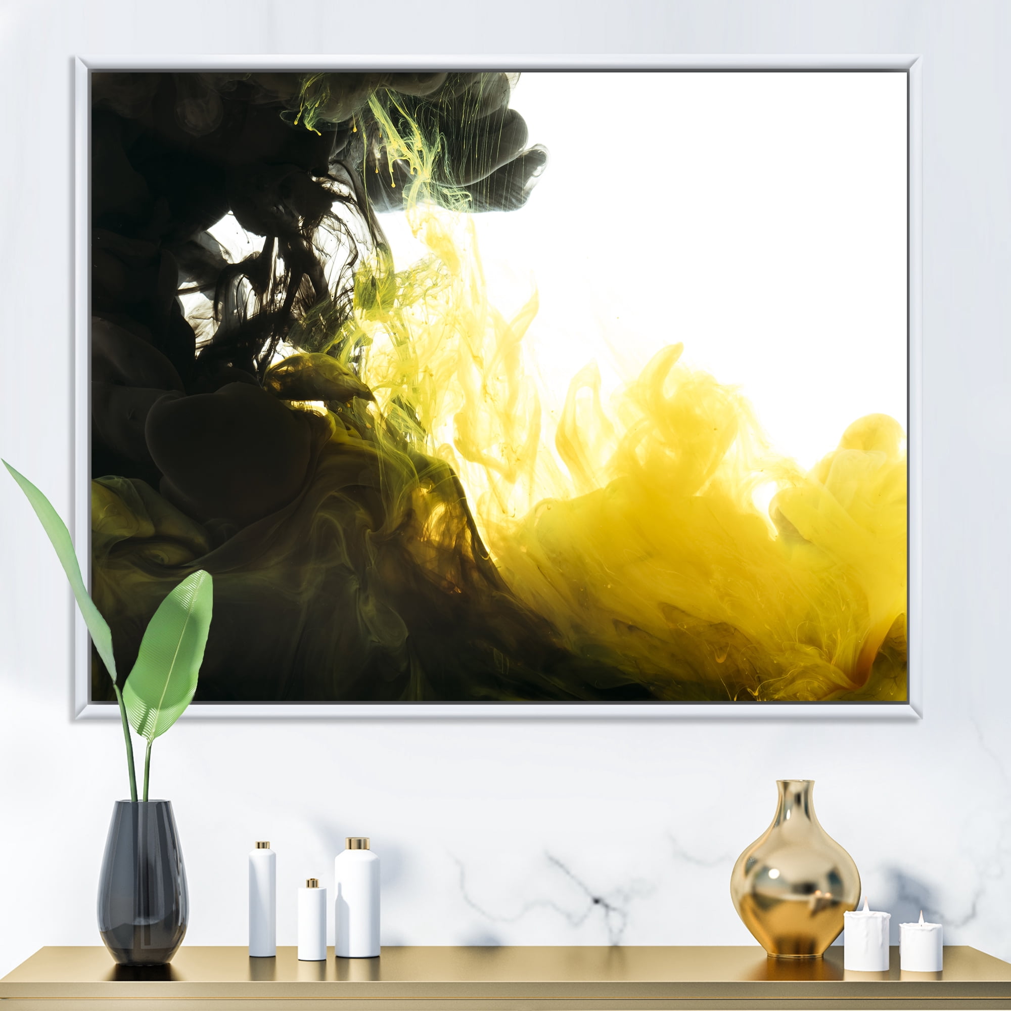 Designart 'Abstract Of Yellow Meeting Black' Modern Framed Canvas Wall Art Print