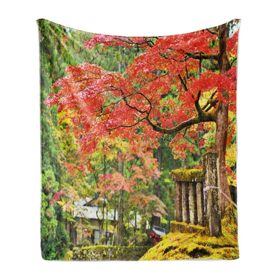 Japanese Soft Flannel Fleece Blanket, Autumn Scenery with Sakura Tree Cherry Blooms in Nikko Provinence Japan, Cozy Plush for Indoor and Outdoor Use, 70" x 90", Vermilion Green Brown, by Ambesonne