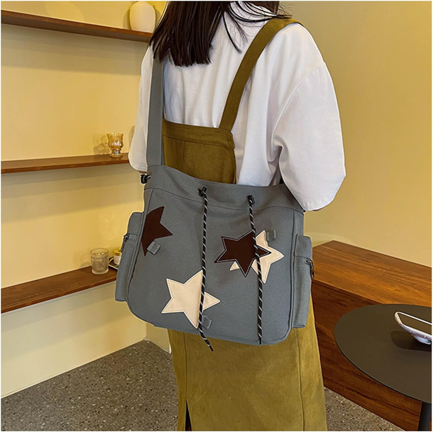Y2K Star Canvas Messenger Bag, Cute Tote Bags Aesthetic, Small Shoulder Travel Crossbody Bags For Women