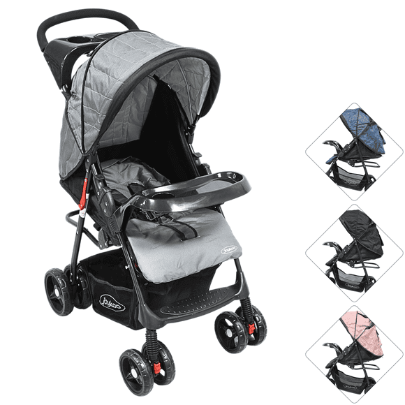 Carriola para Bebé Ligera y Plegable Asiento Reclinable Cinturón de 5 Puntos Charola Toldo Apta desde 6 Meses Hasta 18 kg - Gris
