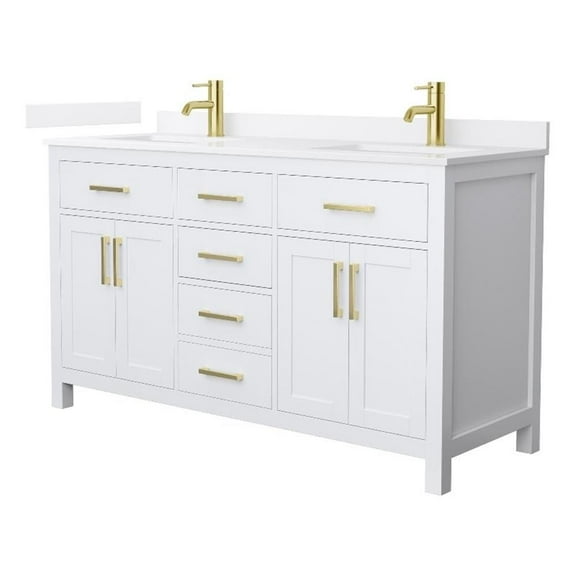Beckett 60" White Double Vanity & White Quartz Top (1-Hole) & Gold Trim