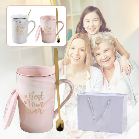 Mother's Day Gift Set - Ceramic Coffee Mug with Lid & Gold Spoon, 14oz Handmade Marble Design Tea Cup with Coaster, Dishwasher Safe Gift for Mom Women Wife Grandma Clearance