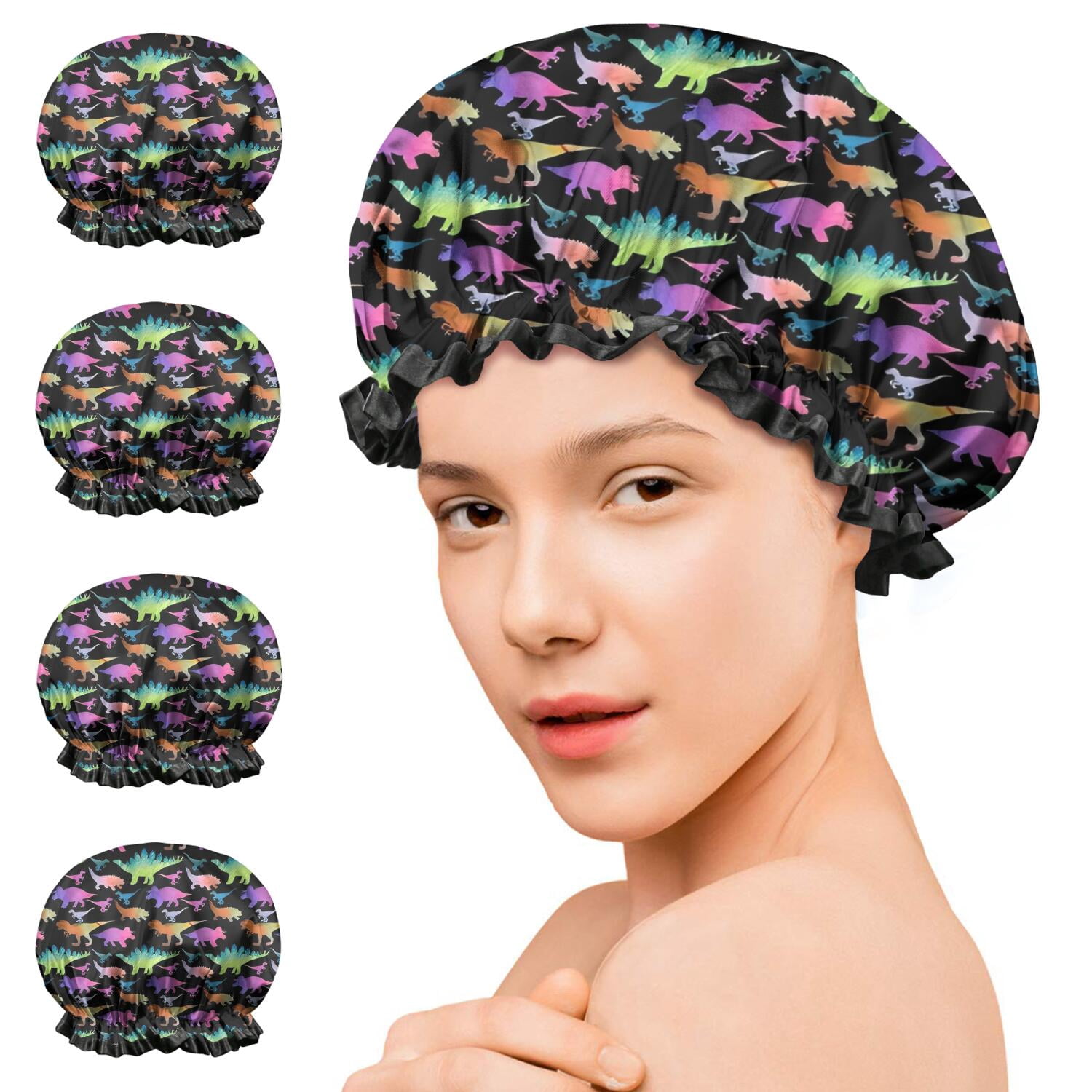 Shower Caps,Black Colorful Dinosaurs Pattern Waterproof Shower Cap for Women 4 Pieces,Double Reusable Hair Cover for Shower PEVA Elastic Stretch Hem