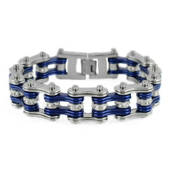 SK1200 Silver/Candy Blue Crystals Bike Chain Bracelet 3/4" Wide - Size 8"