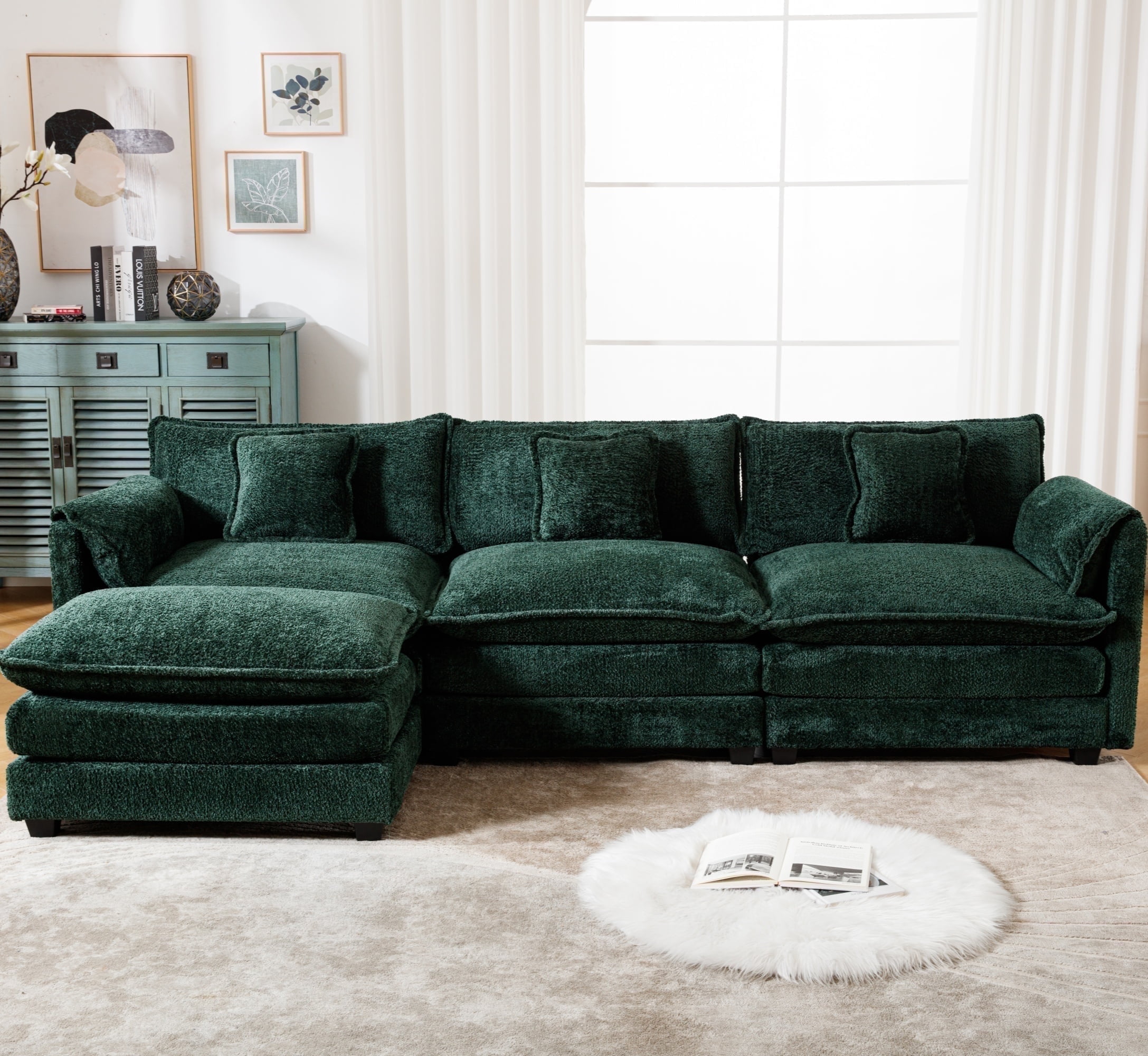 GNIXUU 112" Oversized Sectional Sofa Cloud Couch for Living Room, Modern Chenille L Shaped Couch, Comfy Boucle Modular Sofa Sleeper with Moveable Ottoman & Memory Foam (Green)