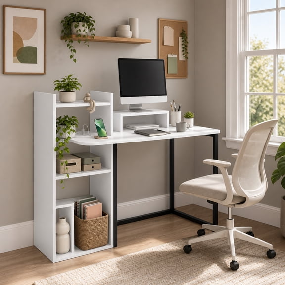 43.5 in Computer Desk with Storage Shelves & Charging Station, Wood Home Office Desk for Small Spaces,White