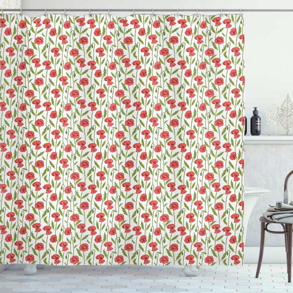 Floral Shower Curtain, Strips of Poppy Flowers Continuing Vertically, Fabric Bathroom Set with Hooks, 69W X 70L Inches, Dark Coral Olive Green, by Ambesonne