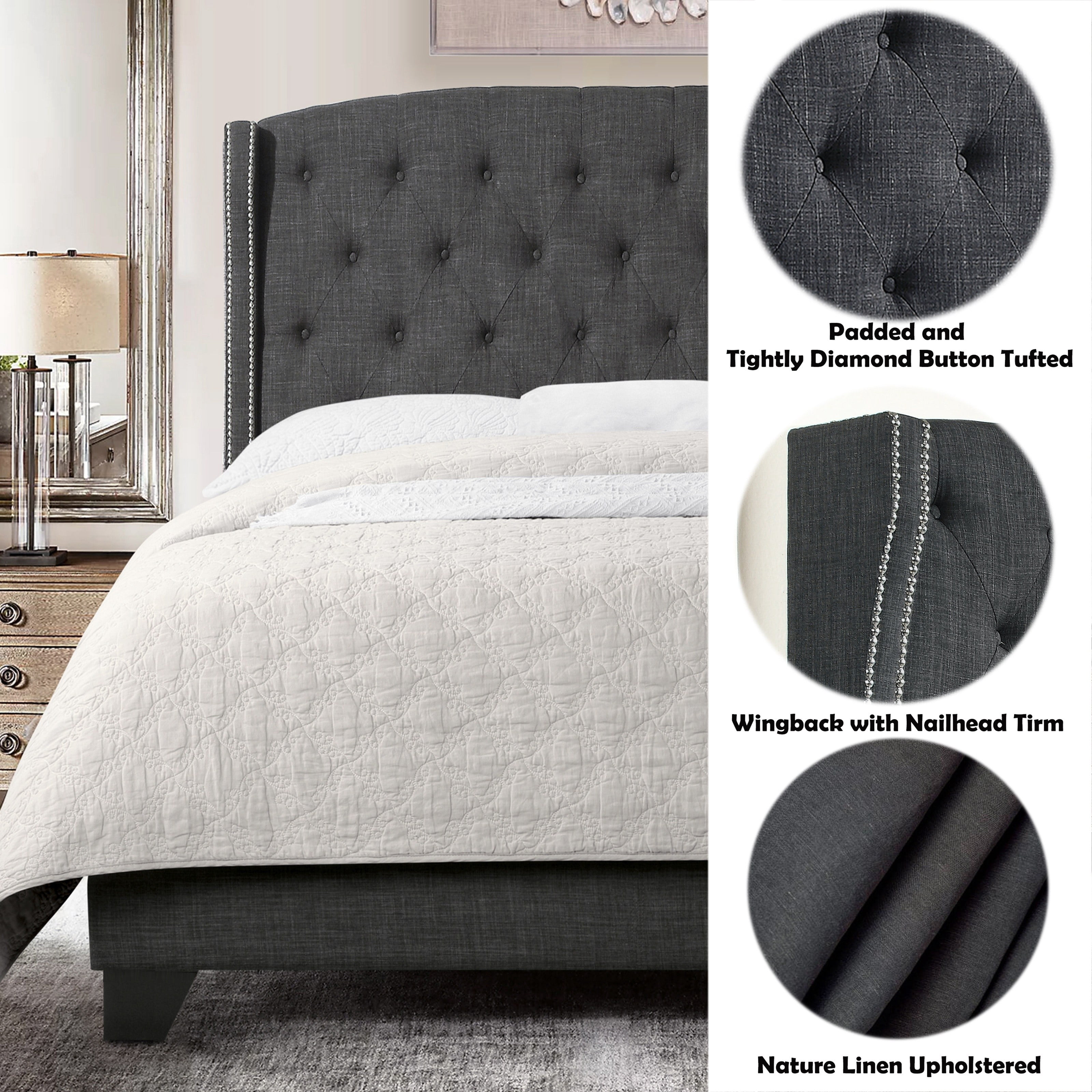 BSHTI Dark Grey Tufted Wingback Full Size Bed, Upholstered Platform Bed Frame with Button Tufted Headboard, Box Spring Needed, Modern Bedroom Furniture
