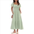 thumbnail image 3 of Vestido Veraniego Midi Bohemio de Corte A con Escote Cuadrado y Mangas Abullonadas para Mujer, con Bolsillos, Color Verde M, 3 of 8