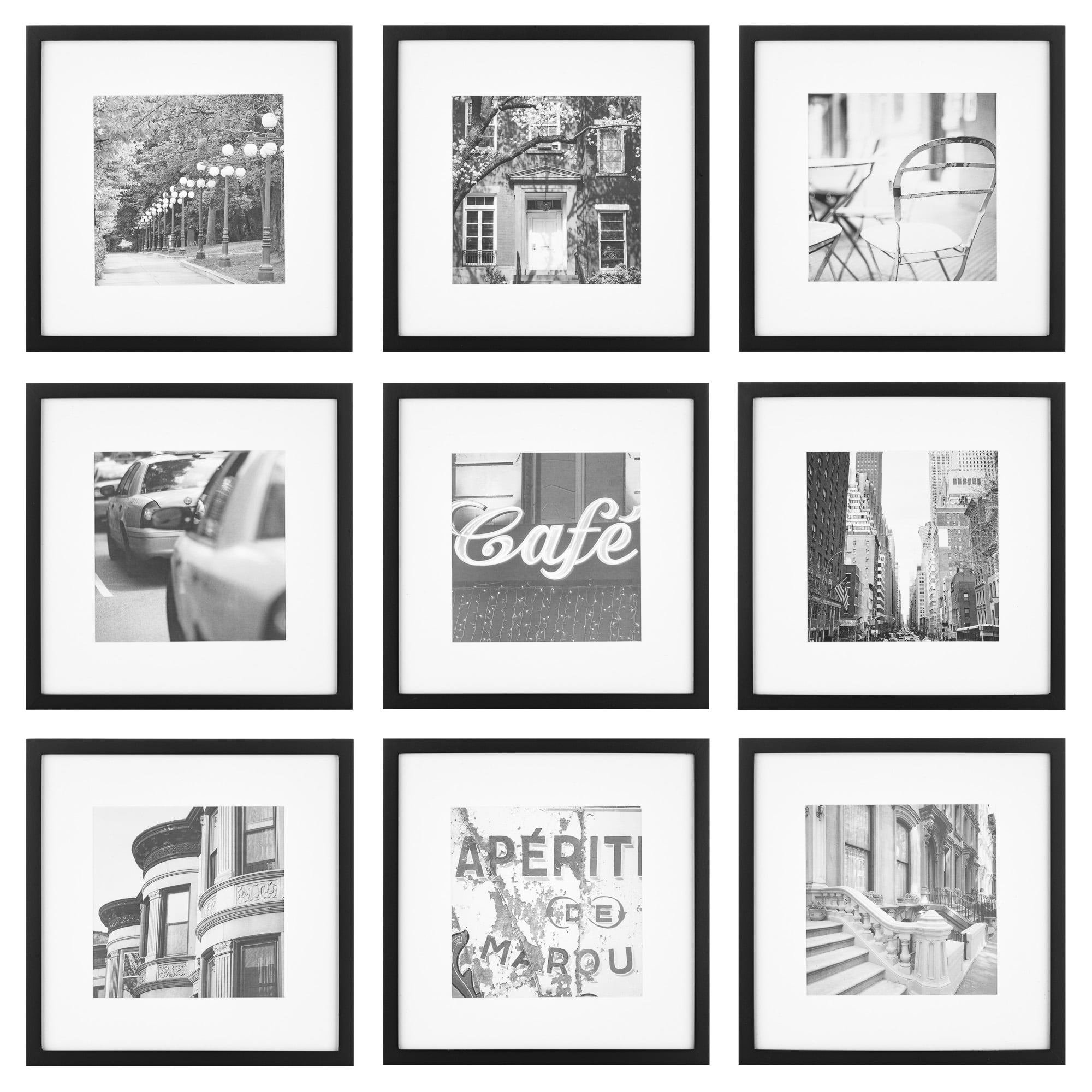 Gallery Perfect Black Gallery Wall Picture Frame White Mat Set for 8" x 8" or 12" x 12" Photos 9-Piece