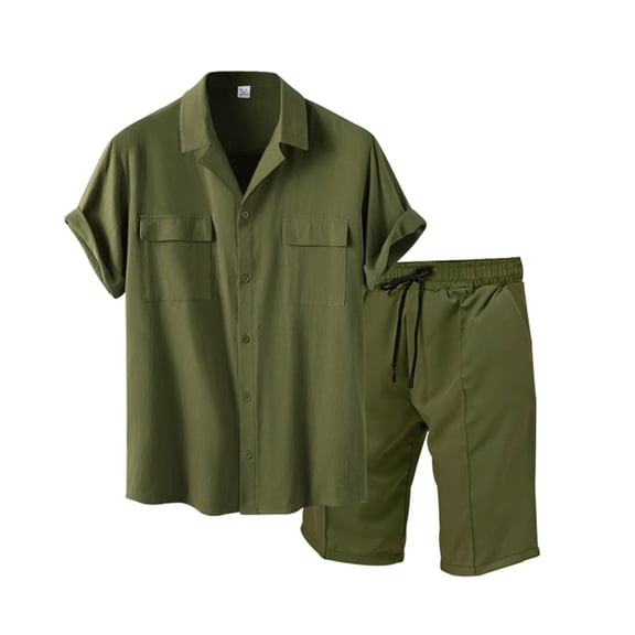Mrmaere Men's Suit Set With Pockets Drawstring Waist Solid Pattern Durable Construction For Long Term Use Army Green L