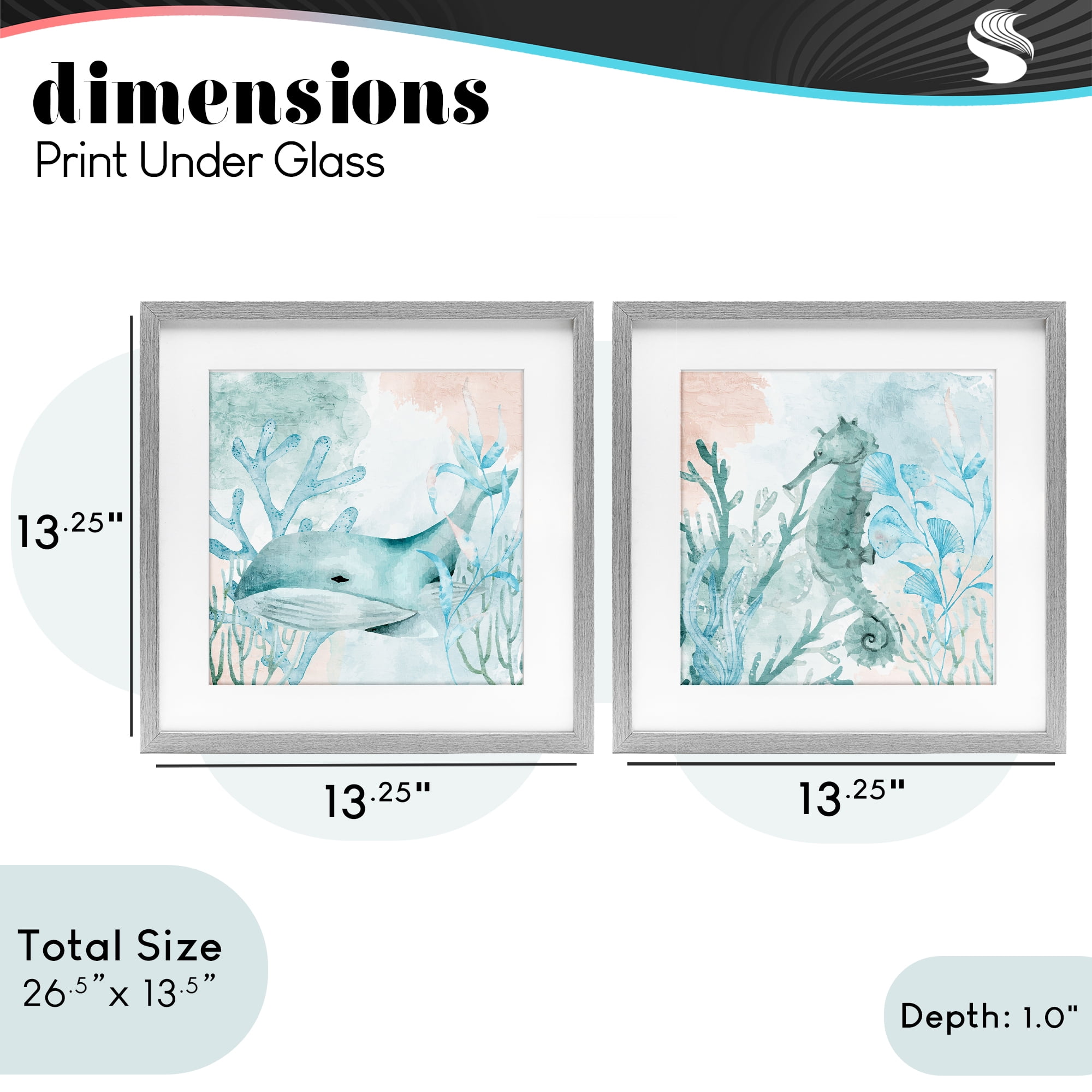 Stupell Industries Whale & Seahorse Sea Swim 2 Piece Gray Framed Print Under Glass Set, design by Kim Allen