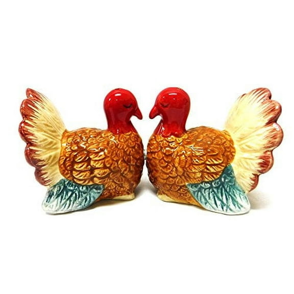 Kissing Thanksgiving Turkey S/2 - One Set Salt And Pepper Shaker 2.5 Inch, Ceramic - Salt Pepper Shaker Magnetic 10463 .