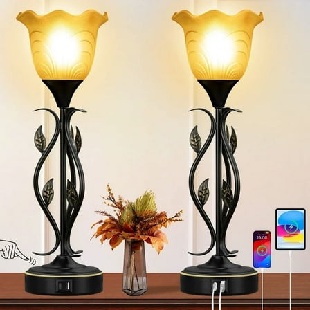 20" Table Lamps for Living Room – Set of 2 Touch Bedside Lamps with USB C Ports, Leafy Vines Amber Flower Shade, Torchiere Design for Bedroom Nightstand, LED Bulbs, Easy Assembly