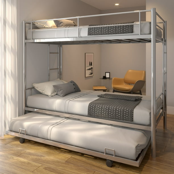 Bunkbed with Roll Out Trundle Bed Frame, Metal Bunk Bed Can Be Divided Into Two Twin Beds