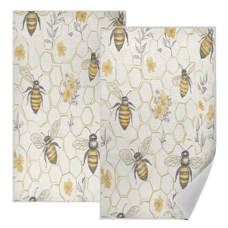 Wobogo Honeycomb with Bees Pattern Waffle Weave Kitchen Towels 2 Pack Absorbent Microfiber Dish Towels Quick Dry Cleaning Cloth