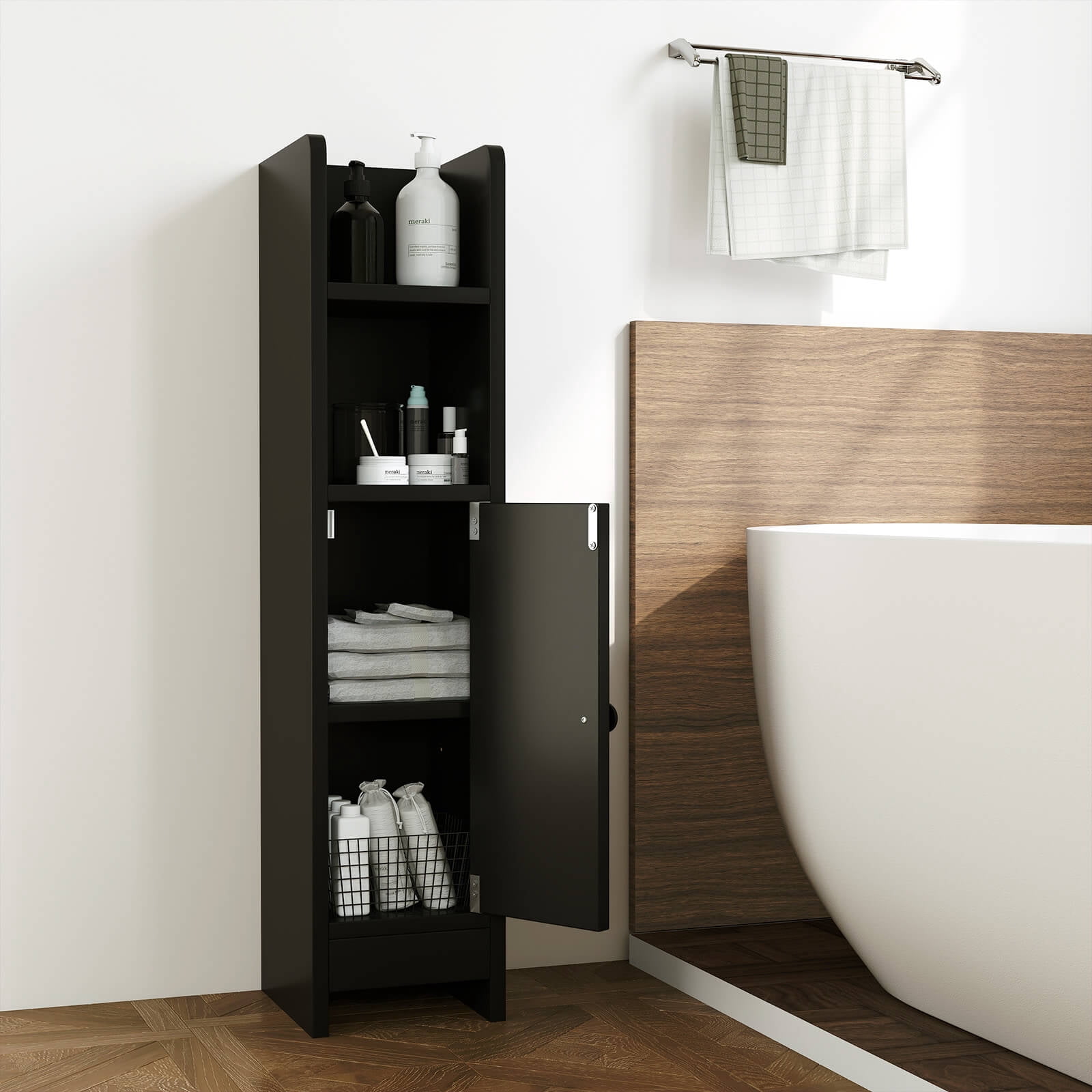 Costway Bathroom Storage Cabinet with Adjustable Shelf 1 Door & 2 Open Shelves Living Room Black