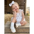 thumbnail image 6 of BemeyourBBs Newborn Baby Girl Summer Clothes Smocked Romper Dress Outfit Cherry Print Sleeveless Tie-up Romper Bodysuit with Bow Headband 2 Piece Set, 6 of 9