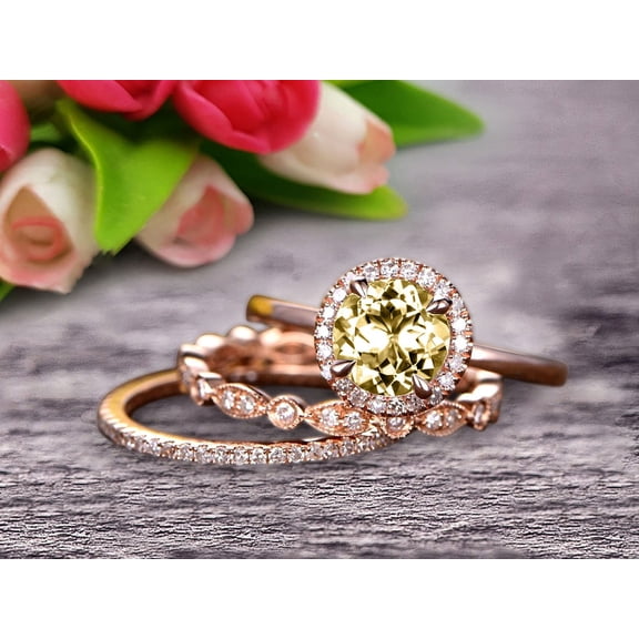 10k Rose Gold Anniversary Gift Art Deco 2.25 Carat 6mm Round Cut Champagne Diamond Moissanite Wedding Ring Set Matching Band Anniversary Gift