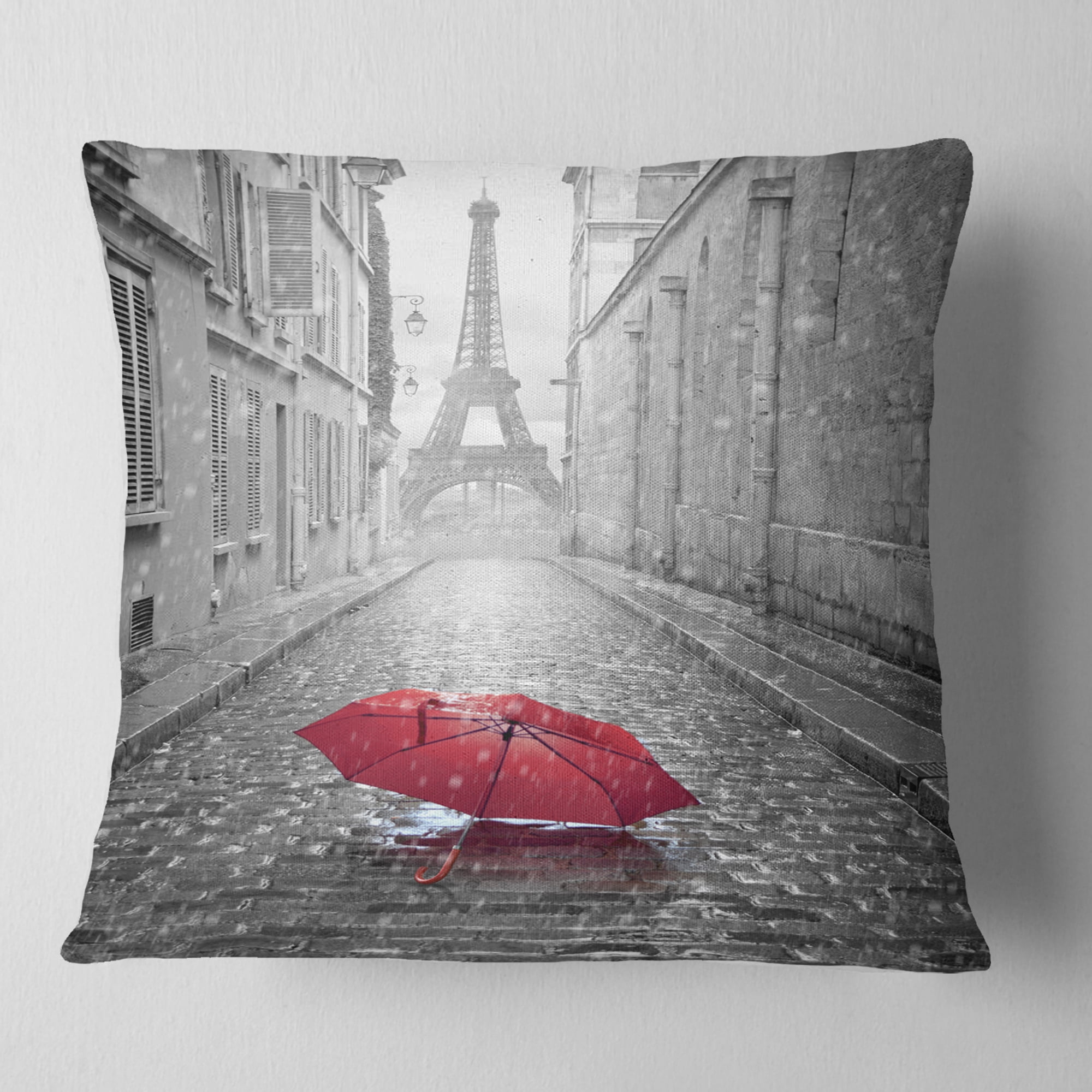 Designart Eiffel View from Paris Street - Cityscape Photo Throw Pillow - 16x16