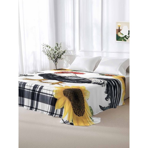 California King Size Flat Sheet Only,Farmhouse Rooster Sunflower Soft Top Bed Sheets Breathable Bedding Sheet Rustic Flower Buffalo Plaid Microfiber Hotel Luxury Top Sheets