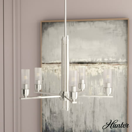 

Hunter Gatz Brushed Nickel with Ribbed Glass 5 Light Chandelier Ceiling Light Fixture