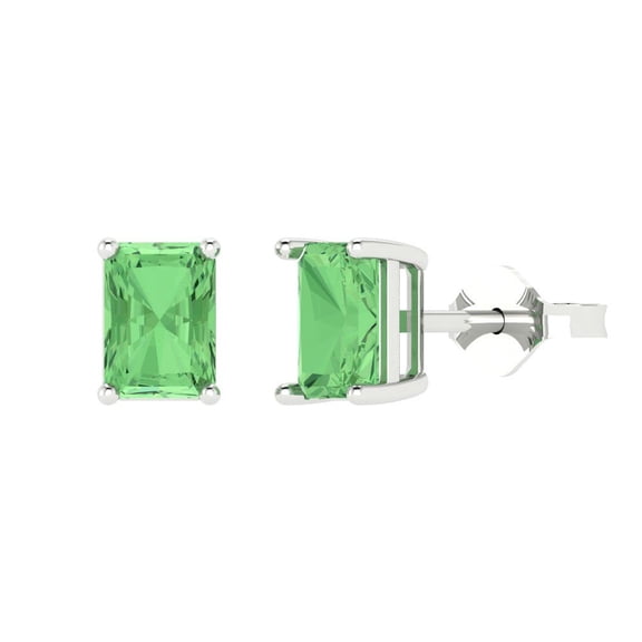 1 ct Push-Back Stud Earrings for Women | 6x4mm Emerald Cut Simulated Green Diamond | 18K White Gold