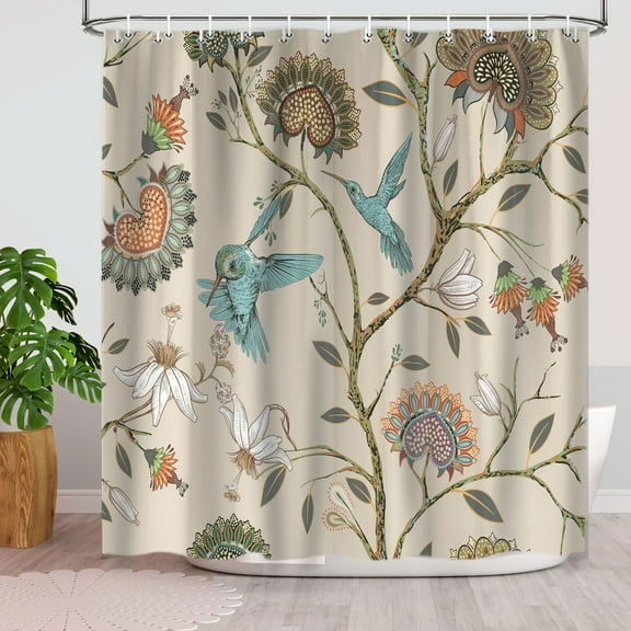 Blue Bird Shower Curtain, Boho Floral Shower Curtains Beige Spring Flower Bathroom Decor Bohemian Khaki Fabric Bathroom Accessories 69X70IN