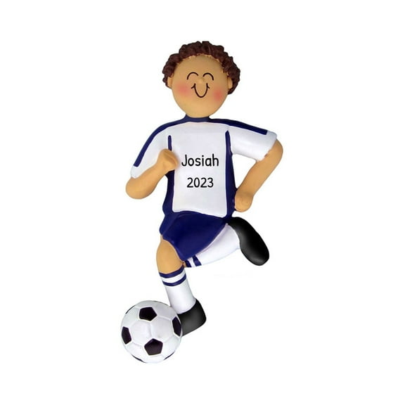Personalized Soccer Ornament 2024 Male Brunette Player in Blue Uniform 1 Count - Ornaments by Elves