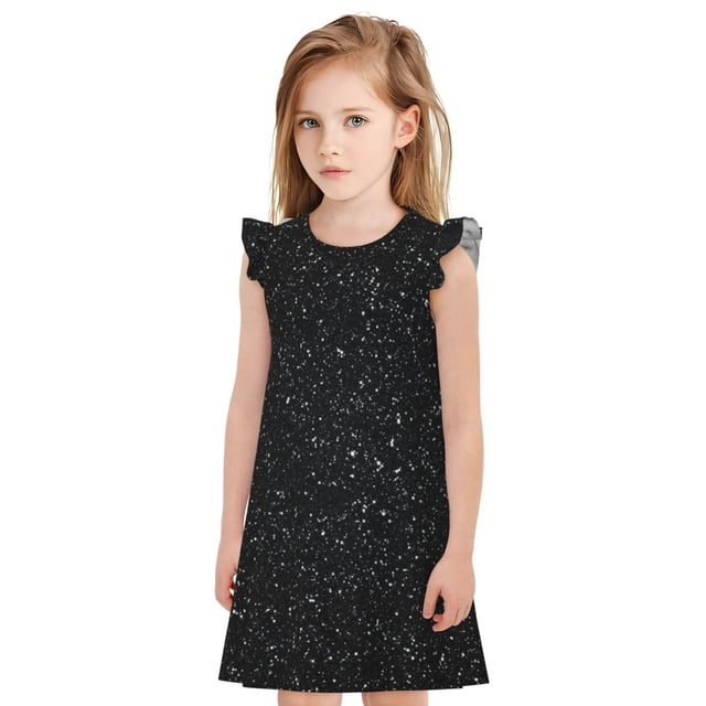 Fotbe Black Glitter Vestido de Dormir para Niñas de 3 a 10 Años, Mangas Cortas, Estilo Princesa, Pijama Camisón con Mangas Voladas-Medium