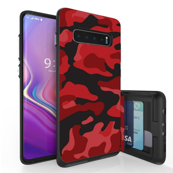 Galaxy S10  Case, Duo Shield Slim Wallet Case   Dual Layer Card Holder For Samsung Galaxy S10  [NOT S10 OR S10e] (Released 2019) Red Camouflage