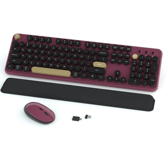 Wireless Keyboard and Mouse Combos, Retro Keyboard and Mouse Wireless Full Size, 2.4Ghz Connection and Optical Mouse for Windows, Mac, PC, Laptop for Home and Office (Burgundy-Black)