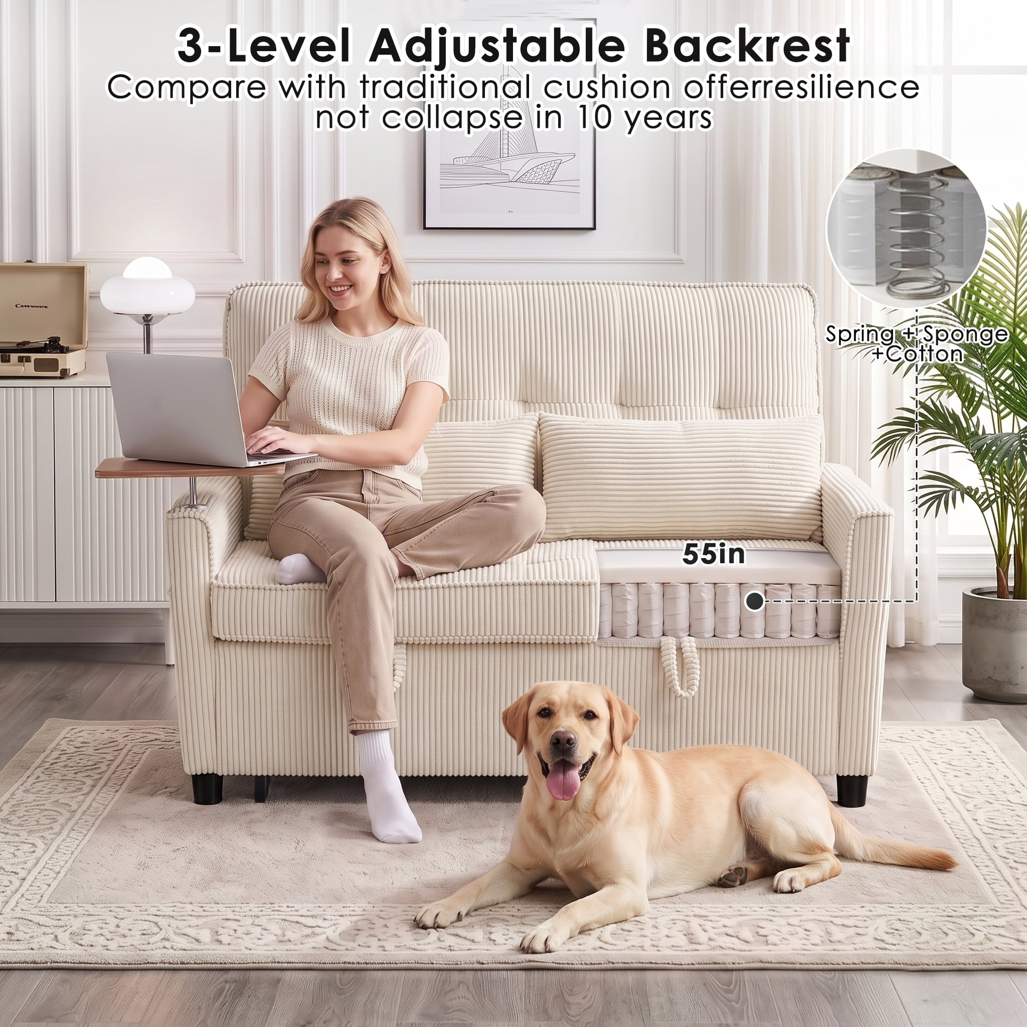 AISWORD 55" 3-in-1 Convertible Sleeper Sofa Bed, Pull Out Loveseat Couch with Side Tray Table & USB Charging Port, Adjustable Backrest Sofa for Apartment, Bedroom, Office, Beige