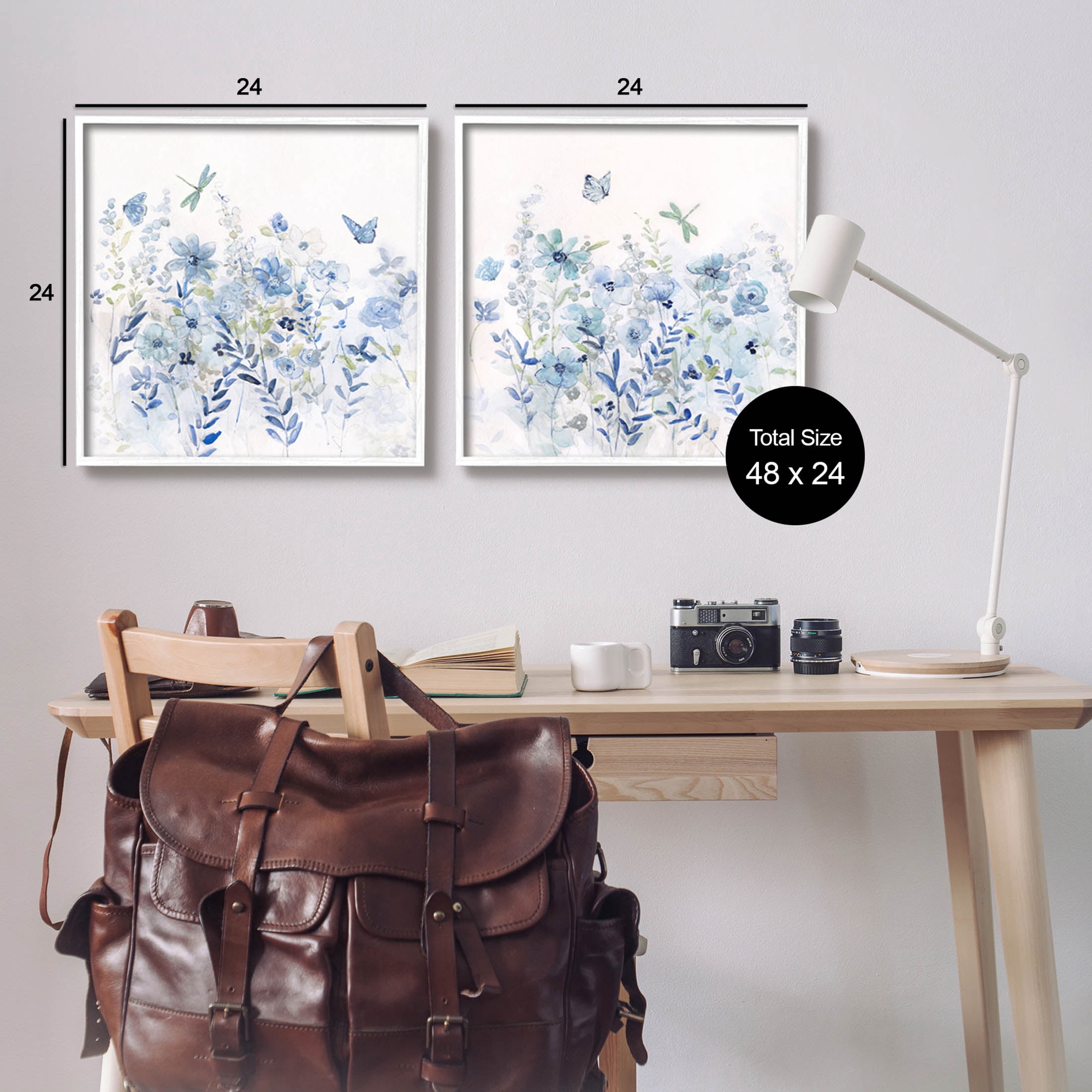 Fluttering Insects Blooming Blue Garden Botanical & Floral Graphic Art White Framed Art Print Wall Art, Set of 2