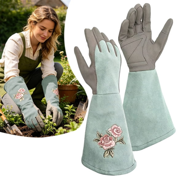 Cowhide Gardening Gloves L Size Light Blue Long Forearm Heavy Duty Leather Thorn Proof Work Gloves for Men Women Garden Landscaping Protection