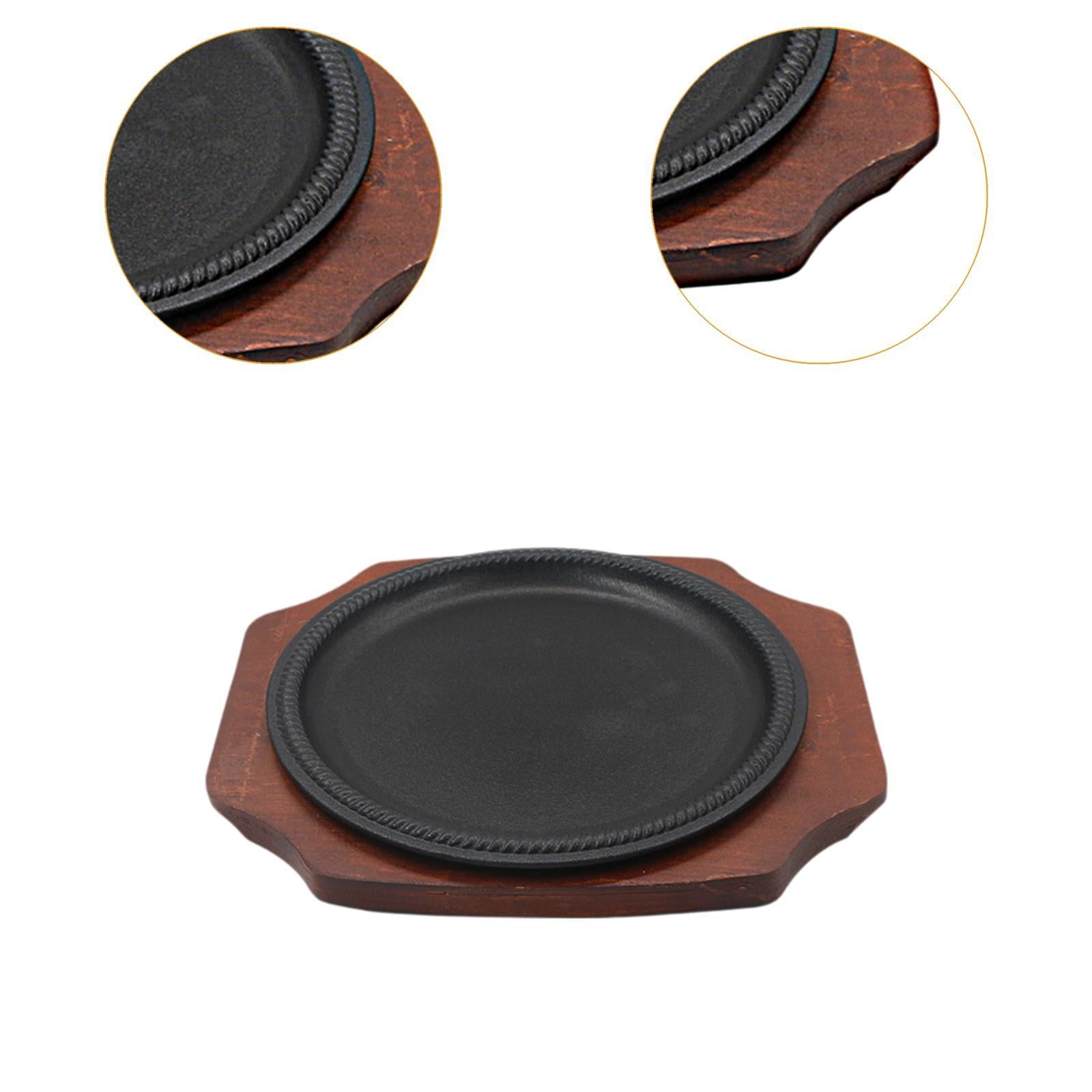 TISHITA Griddle Steak Plate Tray Nonstick with Wooden Base Platter Sizzling Steak Plate Iron Griddle Pan for Home Kitchen Stovetops L