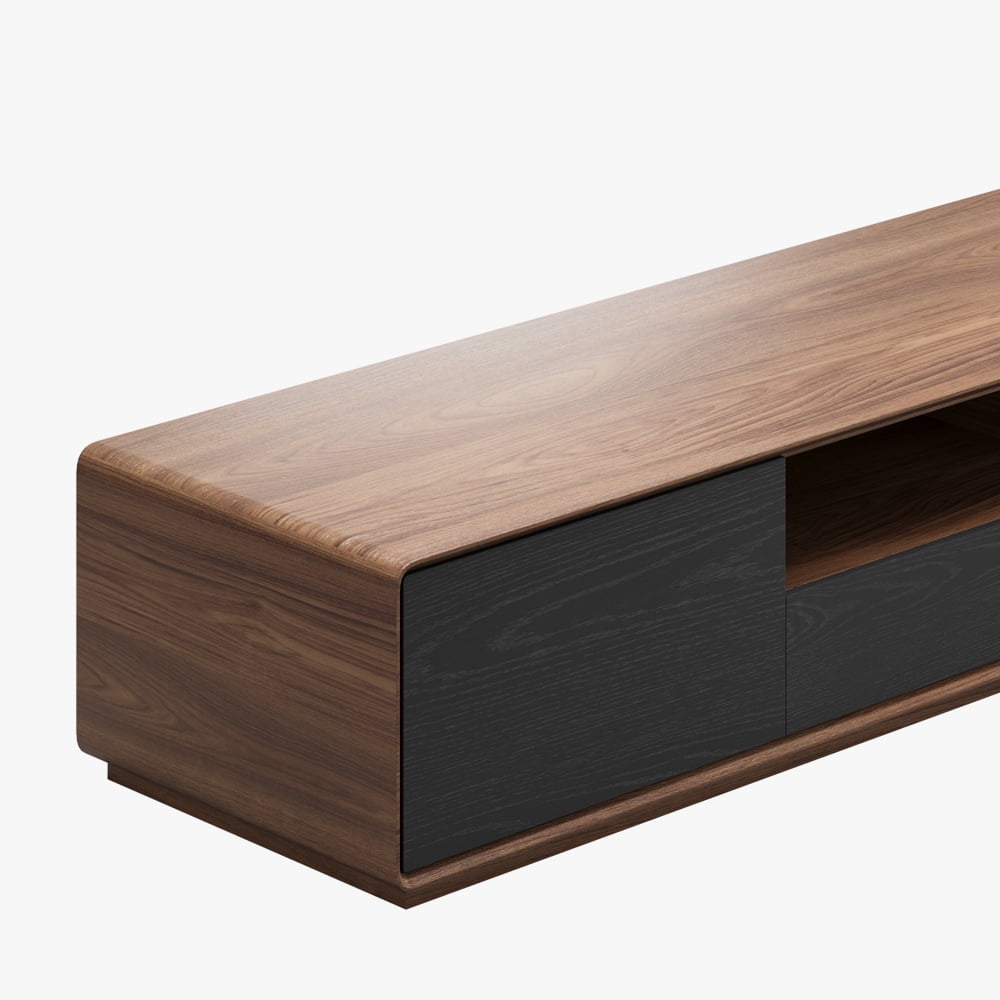 POVISON Modern Wood Black TV Stand, Lowline Media Console with 4 Drawers, Open Storage Cabinet, Walnut Veneer, Fully-assembled, 78"