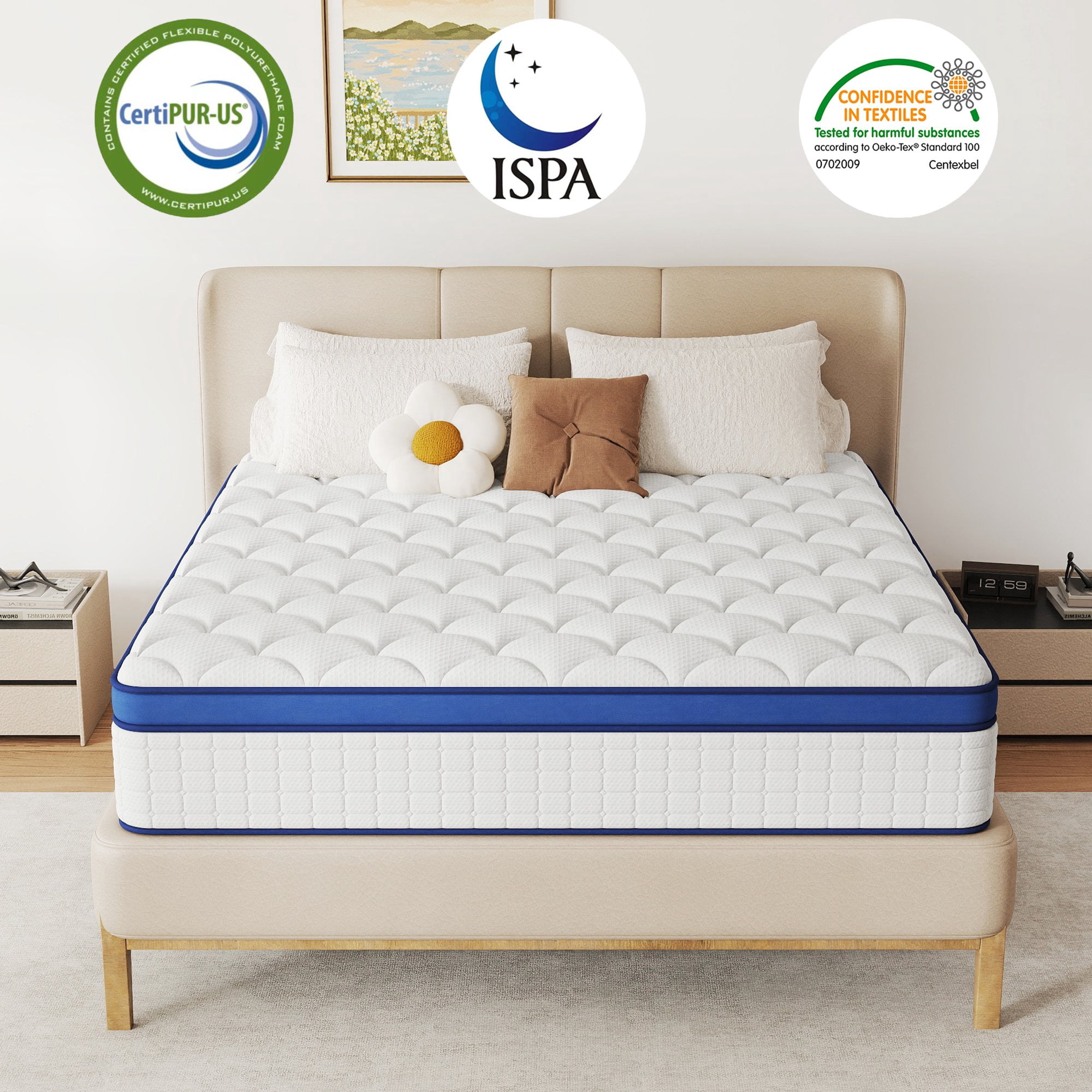 OPV 12 inch King Size Medium Firm Hybrid Mattress,High Density Foam Layer, Individually Pocketed Springs, Gel Design, Boxed Memory Foam Mattress, Hypoallergenic Material，Motion Isolation Feature