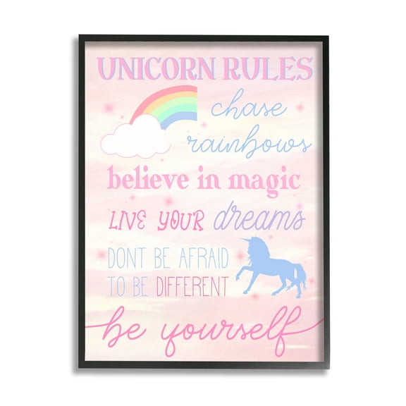 Stupell Industries Unicorn Rules Happiness Rainbow Pink Sky Black Framed, 24 x 30, Design by Daphne Polselli