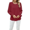 thumbnail image 2 of Women'S Solid Color Round Neck Long Sleeve Loose Chiffon Shirt Top Fashionable and Elegant Pullover Tops Wine Red M, 2 of 9