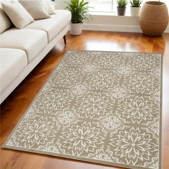 HomeRoots 550142 5 x 7 ft. Floral Medallion Non Skid Rectangle Area Rug, Taupe & Ivory