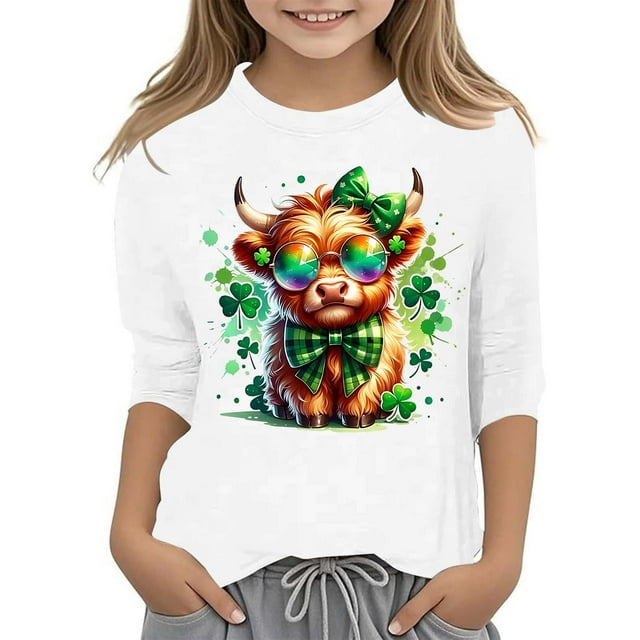 LUOGENLI T-Shirt pour Filles T-Shirt Graphique pour Filles Journée de la Saint-Patrick Mode Polyvalent Col Rond Manches 3/4 T-Shirt Décontracté Ensemble Maxi Hauts Filles 2 Pcs Tenues Décontractées Blanc 3-4 Ans