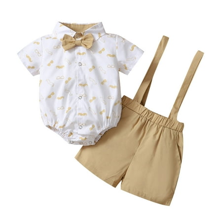 

Infant Baby Boys Gentleman Outfits Newborn Formal Suspender Short Set Short Sleeve Bowtie Romper Shirt+Bib Pants Clothes