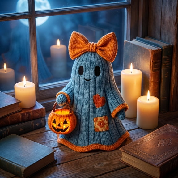 Vintage Patchwork Blue Ghost Figurine, Knitted Ghost Ornament with Bow and Pumpkin Bucket, Lighted Halloween Home Decor, Cute Festive Decoration for Shelf and Mantel Display, Blue