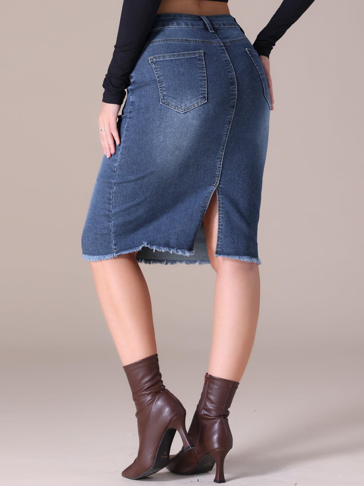 DARING DIVA Women's Denim Raw Hem Pockets Pencil Skirt XL Dark Blue